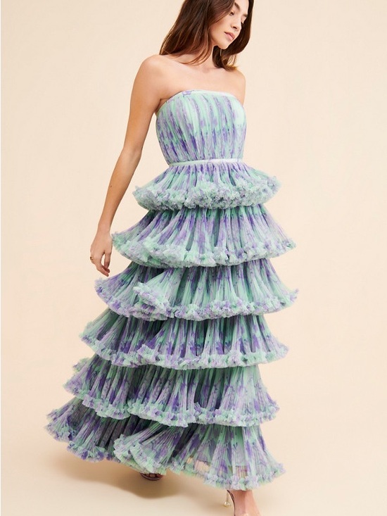 Hutch Dresses & Skirts - Hutch Glenda Tiered Strapless Ruffled Gown in Mint & Lavender